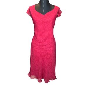 Vintage Romantic V Neck Cap Sleeve Midi Dress Women Size 12 Red Floral